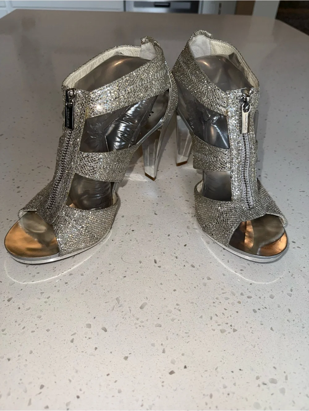 Michael Kors Silver Glitter Cutout High Heel Sandals